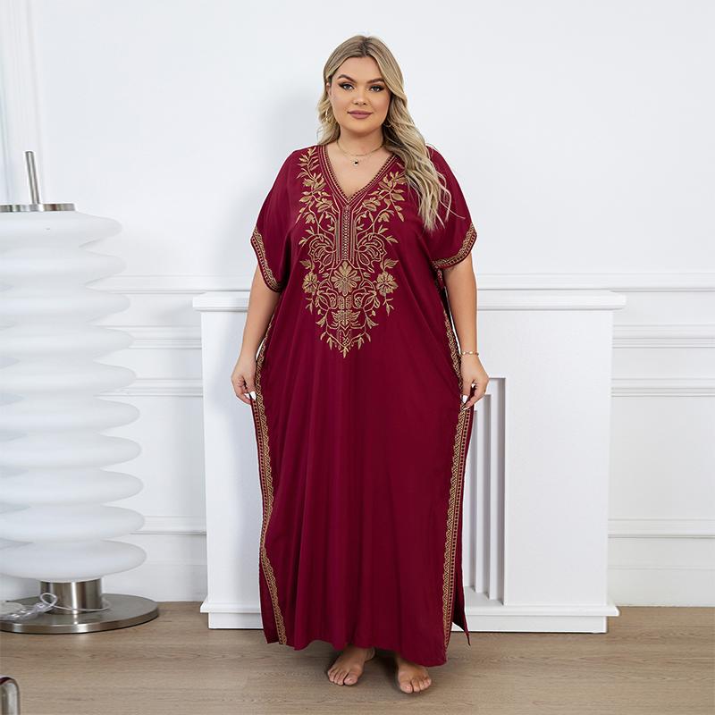 EDOLYNSA 2024 Gold Thread Embroidered Plus Size Casual Vacation Beach Dress Summer Swimsuit Coverup For Women V Neck Bat Sleeve Black Kaftan