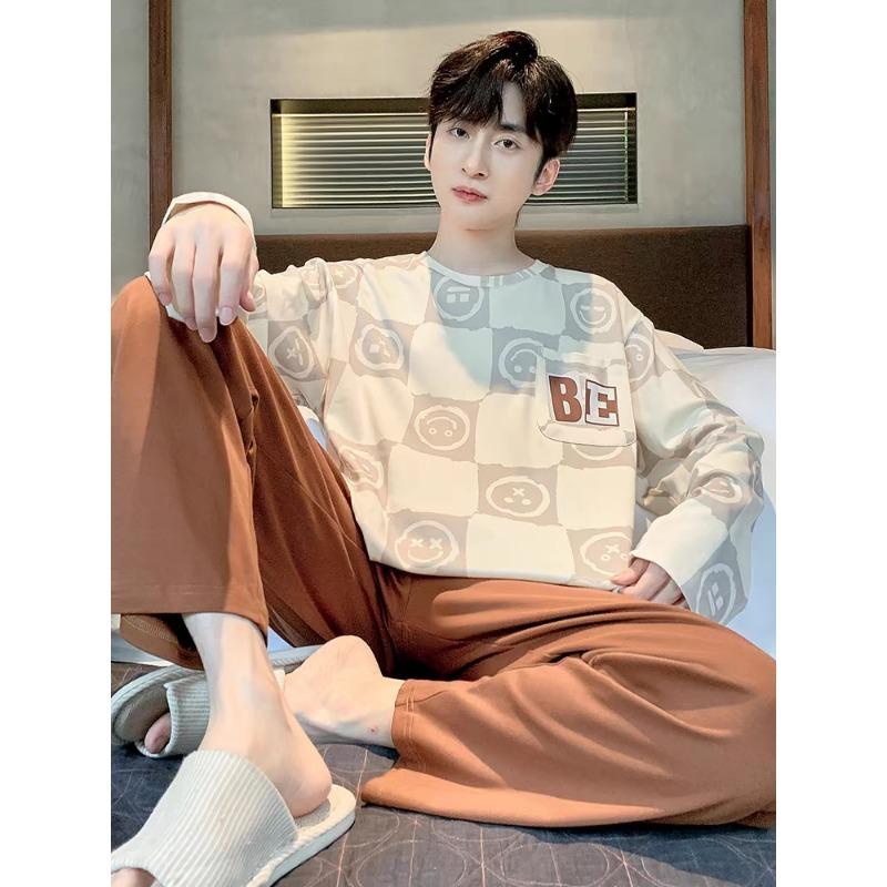 Коллекция мужских пижам Осень-зима Клетчатая однотонная студенческая пижама, домашняя одежда, топы и брюки, пижамы, одежда для отдыха