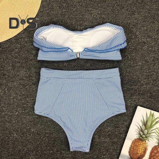 2Pcs/Set Women Bikini Set Ruffle Trim Bandeau Padded Push-Up Bra High Waisted Briefs Set Striped Print Beachwear