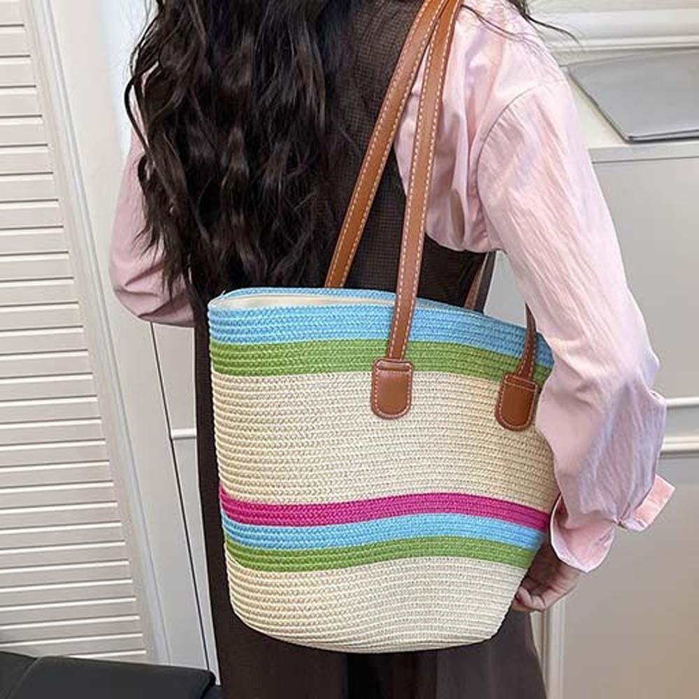 Large Capacity Shopping Straw Bag Polyester Summer Beach Handbag Stripe Woven Tote Bag Female