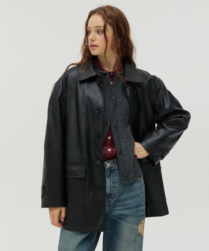 NEW LOOKY Leather Mac Coat_Black