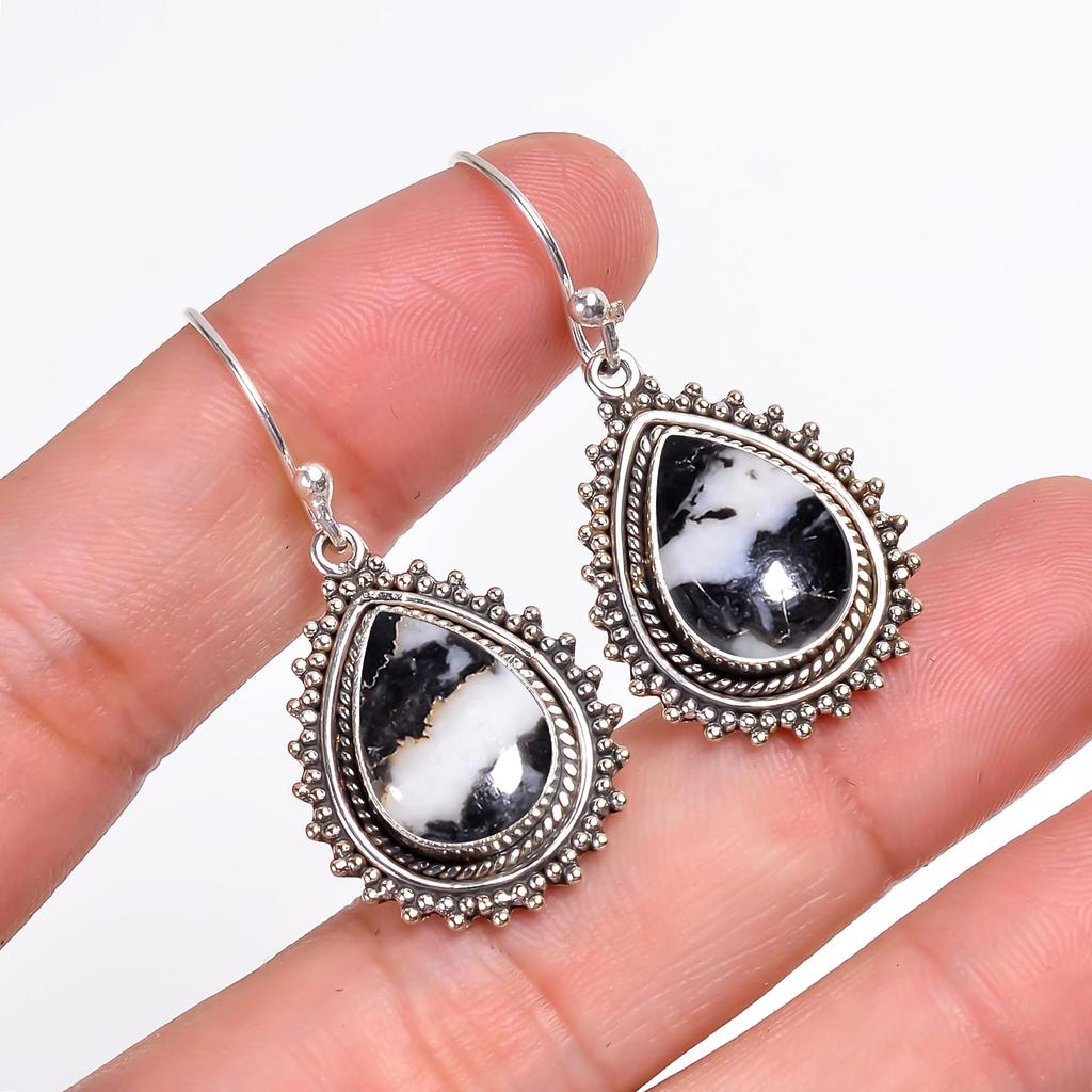 White Buffalo Turquoise - Nevada 925 Sterling Silver Earring V9753, Black & White Earring, Pear Earring, Valentin's Day Gift, Gift For Her, Birthday G