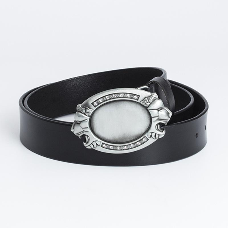Simple and Fashionable Adult Belt Zinc Alloy Lion Head Diamond Plate Belt Whole Cowhide Four-season Retro Belt