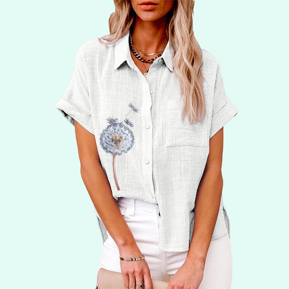 Плюс размер Женская мода цветочный принт футболка лето и осень повседневный льняной топ женская свободная застегивающаяся на пуговицы блузка с коротким рукавом