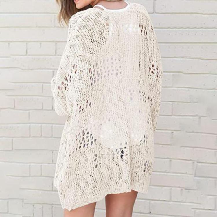 Spring Autumn Women Knitwear Hollow Out Loose Knitted Coat Pure Color Cardigan Long Sleeve Elastic Jacket Mid Length