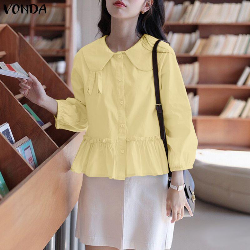 VONDA Женская повседневная блузка с кукольным воротником, свободного кроя, с длинным рукавом, на пуговицах, с оборками