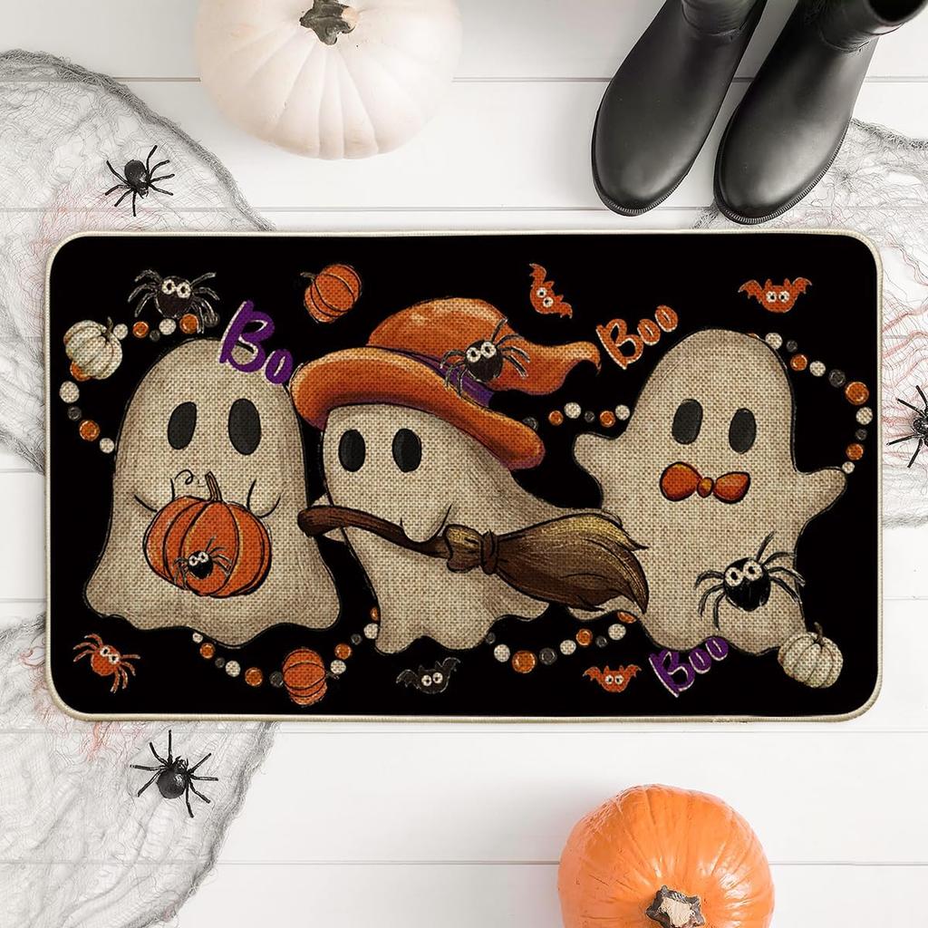 Halloween Welcome Mat Ghost Black Cat Indoor Outdoor Halloween Decorations Porch Entrance Hallway Kitchen Rug