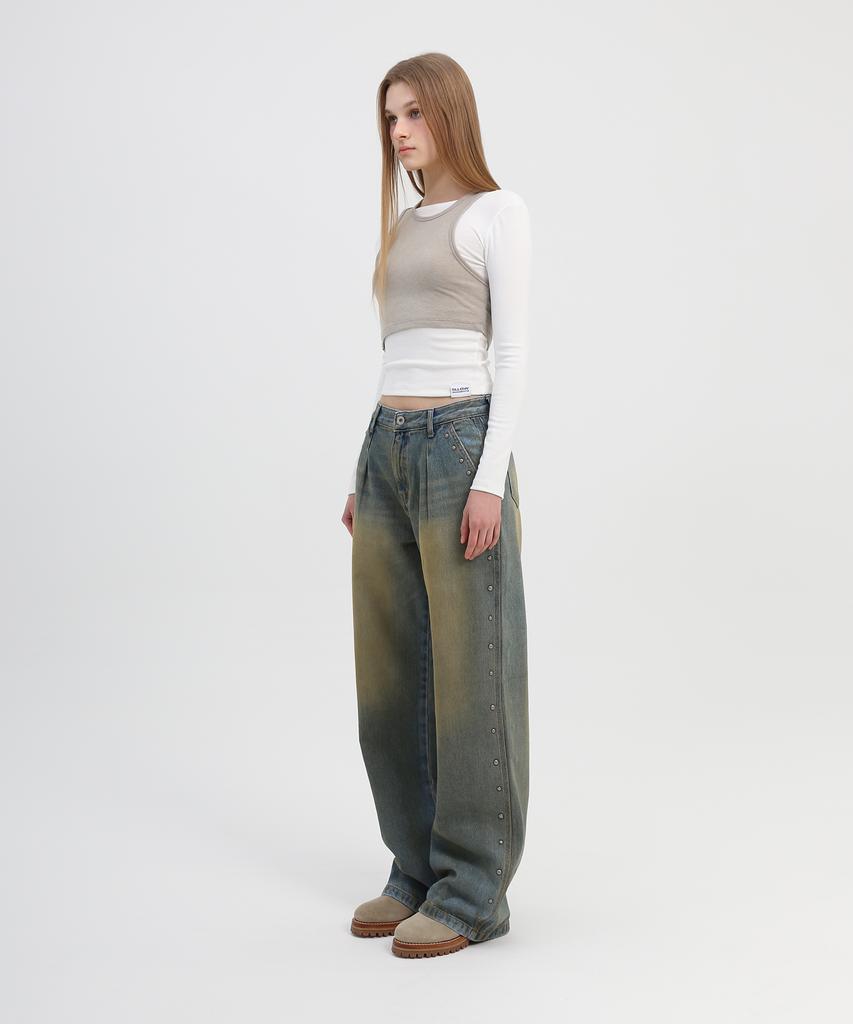 SLLOW GARMENTS Studded Washed Loose Fit Denim