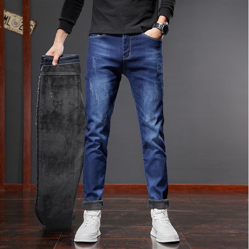 Эластичные и мягкие джинсы для мужчин, узкие и удобные, универсальные, облегающие прямые брюки с плюшевой подкладкой, повседневные брюки