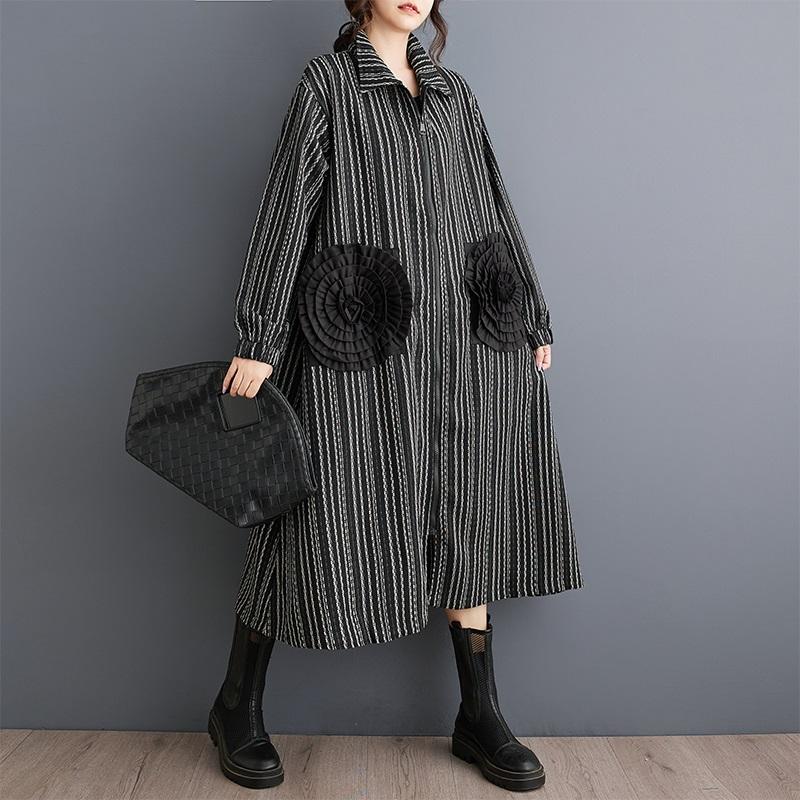 Long Sleeve Plus Size Vintage Floral Stripe New In Dresses for Women Casual Loose Spring Autumn Shirt Dress
