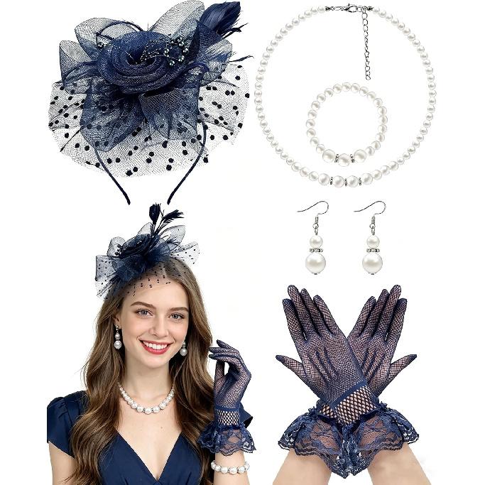 Fascinator Hat for Women Tea Party Headband Tea Party Headpiece and Lace Glove Set for Women 1920s Party