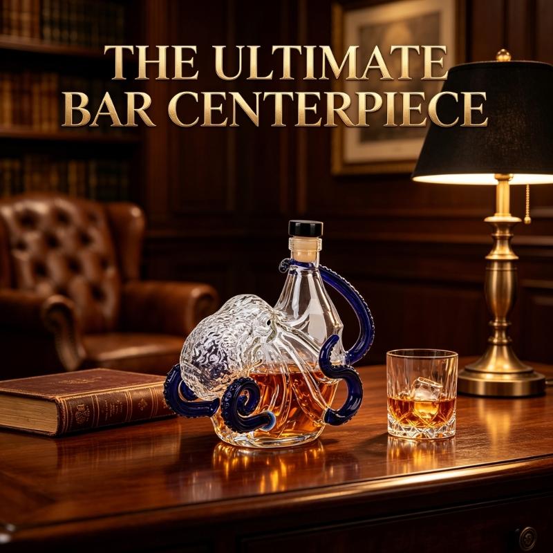 Изысканная стеклянная бутылка с рельефным осьминогом для дозирования жидкостей и художественной экспозиции, прозрачного цвета