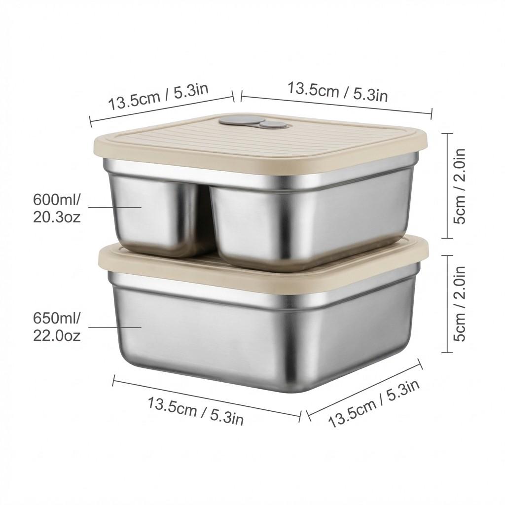 Portable Lunch Box Outdoor Picnic 1/2 Grids Large Capacity Fruit Salad Food Storage Container 304 Stainless Steel Bento Box