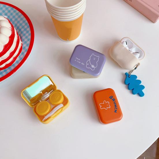 Cute Contact Lens Case Portable Portable Double Box with Tools Bear Print Lens Holder Easy to Carry Spill-proof Lens Storage for Daily Use Travel