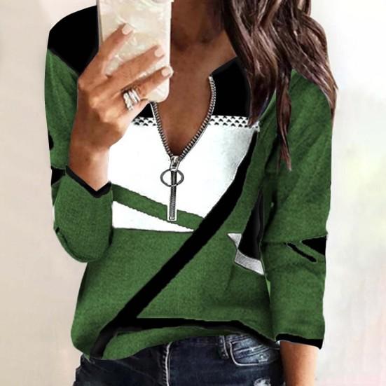 Long Sleeve Loose Women Blouse Soft Texture Zipper Neck Geometric Print Patchwork Top Clothing