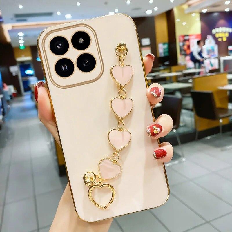 Чехол-браслет с гальваническим покрытием Love Heart для Xiaomi Mi 14T Pro 13T Pro 12T 11T Pro Chain Wristband, защита объектива камеры, мягкий чехол
