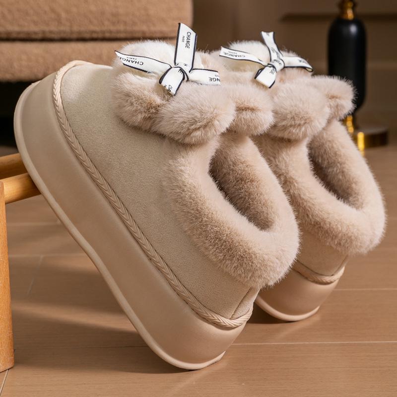 Женские зимние ботинки Bowknot на толстой подошве 2024 года: Увеличивающая рост, теплая, с бархатной подкладкой, меховая обувь для улицы на осень и зиму.