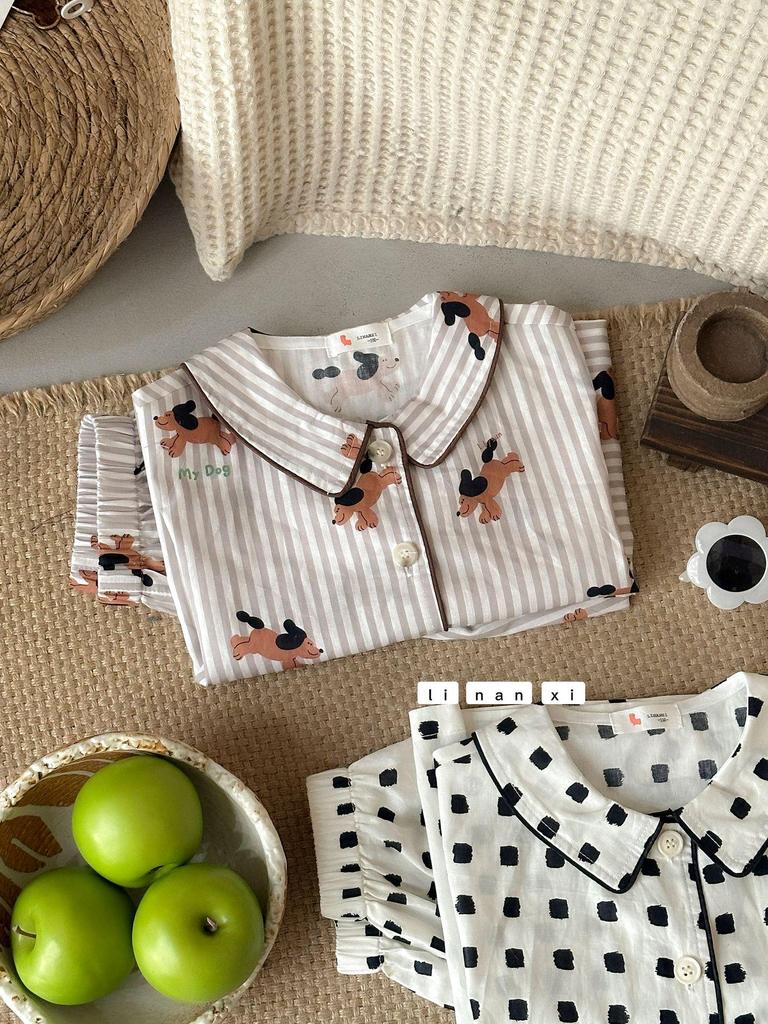 Весна 2025 Милый мультяшный пижамный комплект для детей – Отложной воротник, Детский дизайн, Брюки в комплекте