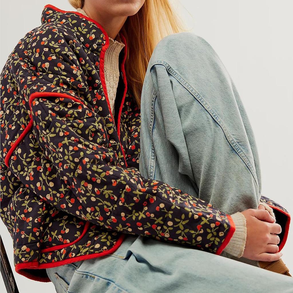 Женская стеганая куртка с цветочным принтом, куртка на пуговицах с длинными рукавами, легкая винтажная куртка с вышивкой, верхняя одежда