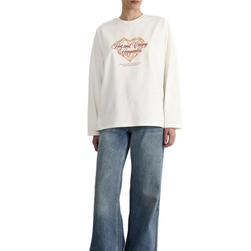 100% Cotton Long Sleeve T-Shirt Loose Fit Sweet Heart Print Chic Oversized Top Women Daily Wear