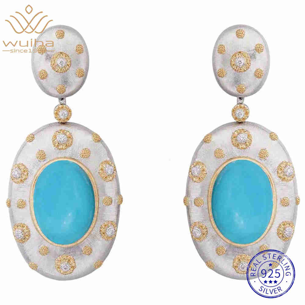WUIHA 100% 925 Sterling Silver Lab Sapphire Turquoise High Carbon Diamonds Drop Dangle Wedding Engagement Earrings Fine Jewelry
