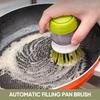 Kitchen Soap Dispenser Scrub Brush with Built-in Drip Tray, Palm-Sized Soft Bristles Dish Cleaning Tool for Sink Counter