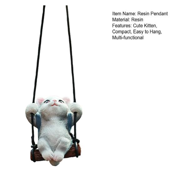 Resin Cat Pendant Swinging Kitten Hanging Figurine Car Rearview Mirror Decoration with Adjustable Lanyard Gift for Cat Lovers