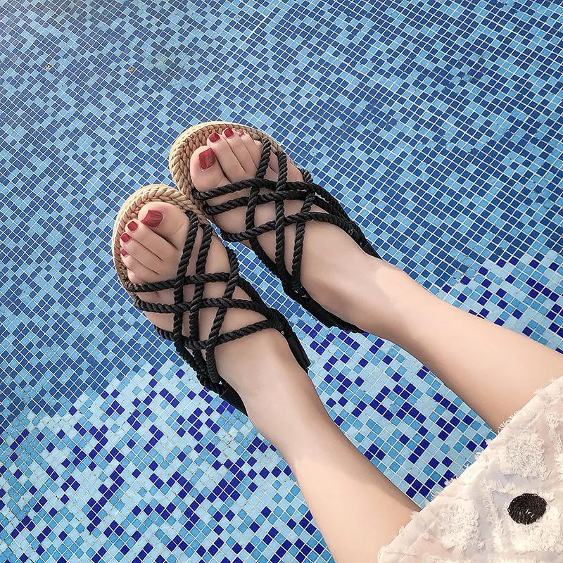Модные босоножки 2024 года, женская обувь, плетеная веревка в традиционном повседневном стиле и простая креативность, модные босоножки, женская летняя обувь
