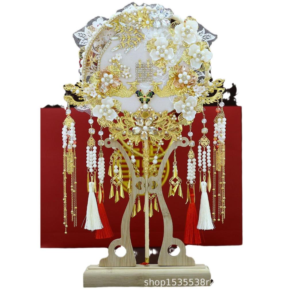 Красный кружевной свадебный круглый веер для одежды Xiuhe с двухсторонней маской своими руками - китайский стиль (9255)