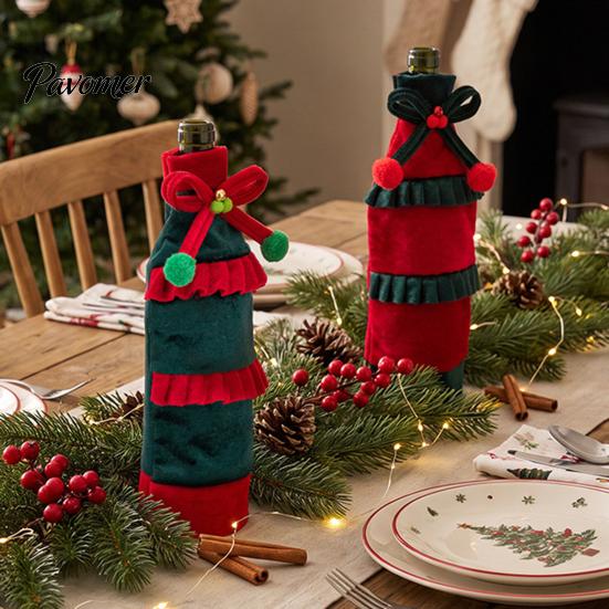 Holiday Party Table Decorations Christmas Wine Bottle Cover with Bow & Pom Pom, Drawstring Red Cute Costumes Green Wrap for Decor, Home Decoration