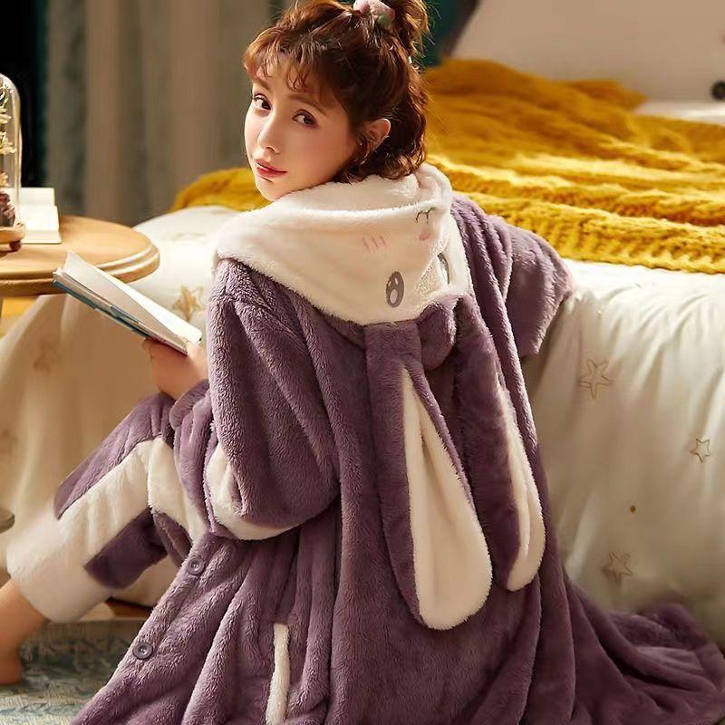 Пижама женская осень/зима фланелевая флисовая плотная ночная рубашка длинная милая коралловая флисовая домашняя одежда комплект можно носить на улице удобно