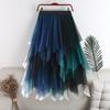 Женская юбка из тюля с высокой талией, плиссированная юбка, асимметричная женская юбка, контрастный цвет, неровный подол, юбка