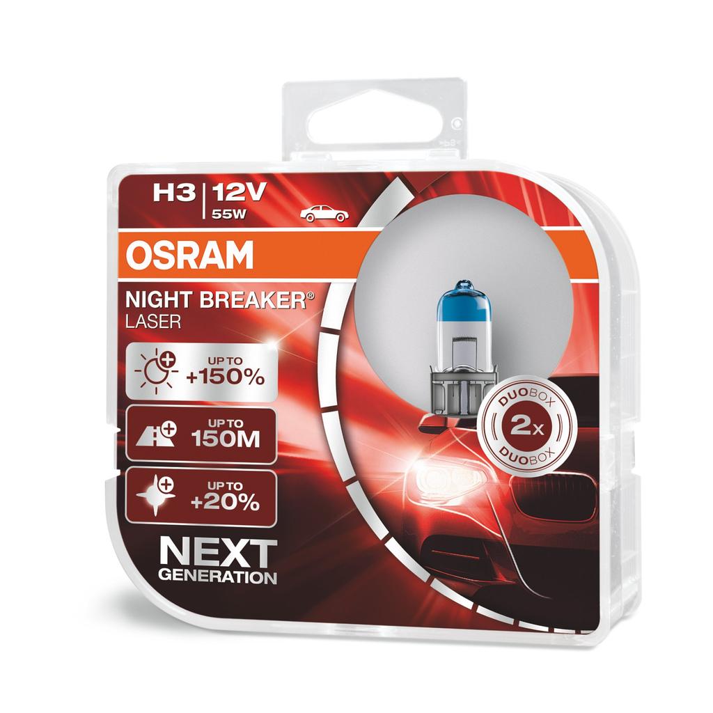Osram NIGHT BREAKER LASER H3, следующее поколение, на 150% больше яркости, галогенная фара, 64151NL-HCB, 12 В, легковой автомобиль, двойной корпус (2 лампы)