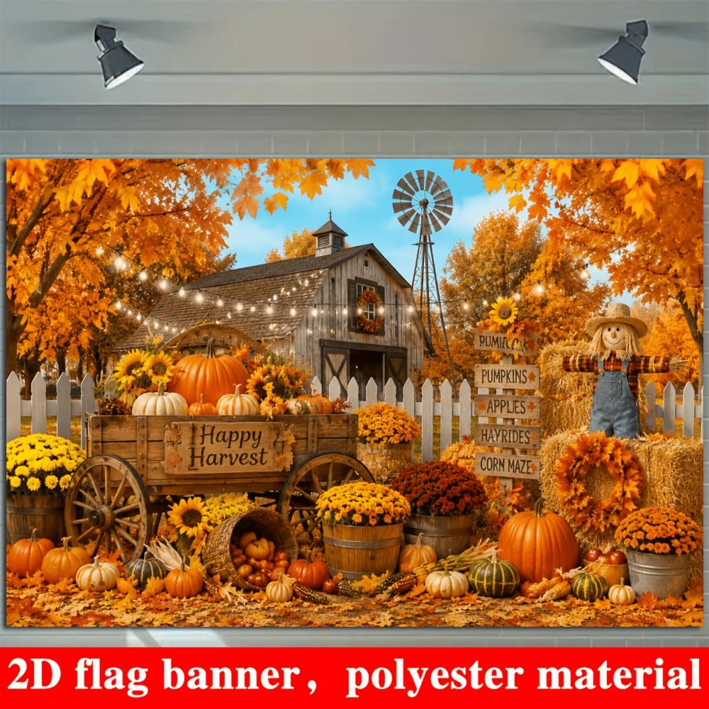 Fall Harvest Backdrop Banner, Pumpkin Sunflowers Scarecrow Barn Autumn Leaves, Polyester Wall Decor for Thanksgiving Party