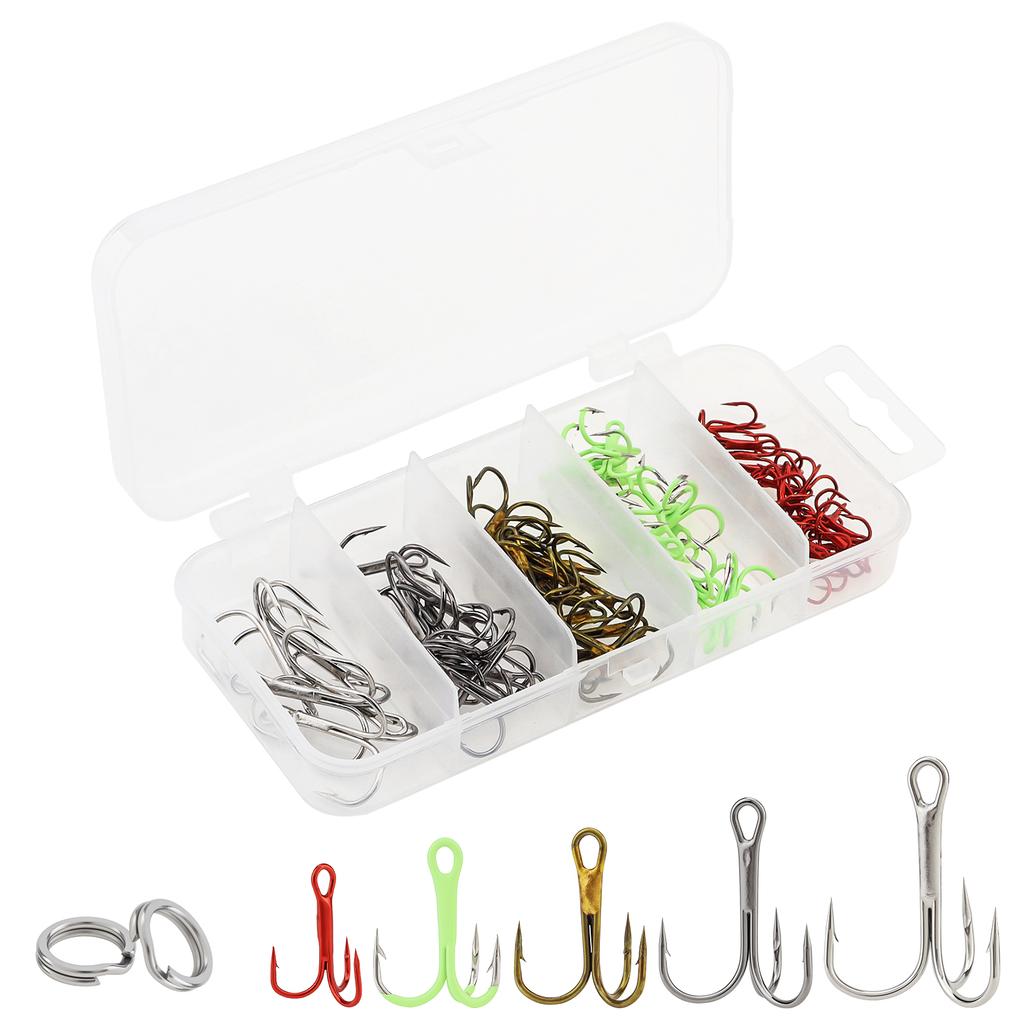 165pcs High Carbon Steel Barbed Treble Hooks Connector Circle Set Assorted Sizes 2# 4# 6# 8#10# Triple Fishing Hook with Storage Box