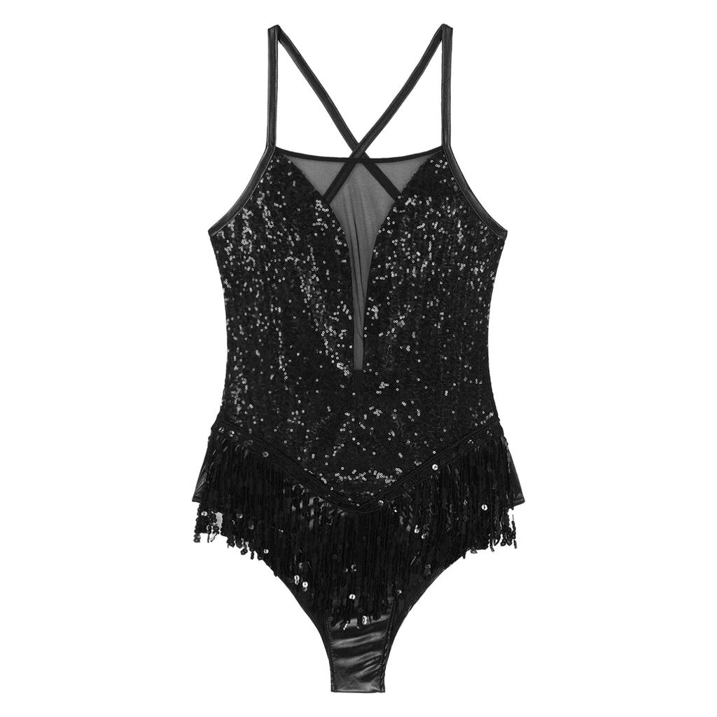 Женский купальник с блестками и бахромой для танцев, купальник для латинских джазовых танцев, боди, танцевальная одежда, костюм
