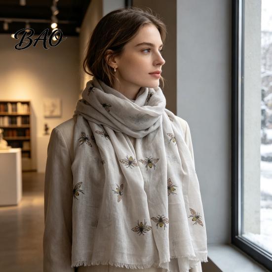 Comfortable Skin Friendly Scarf Lightweight for Women, Cute Bee Pattern Neck Scarf, Multi Functional Seasonal Shawl Soft Long Thin Wrap Vacation,