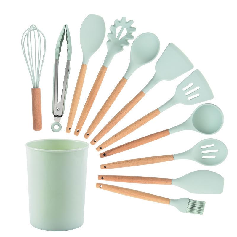 Wooden handle kitchen tools non-stick cooking spatula 11 pieces plus storage bucket baking set silicone kitchen utensils 12 pieces Light green twelve