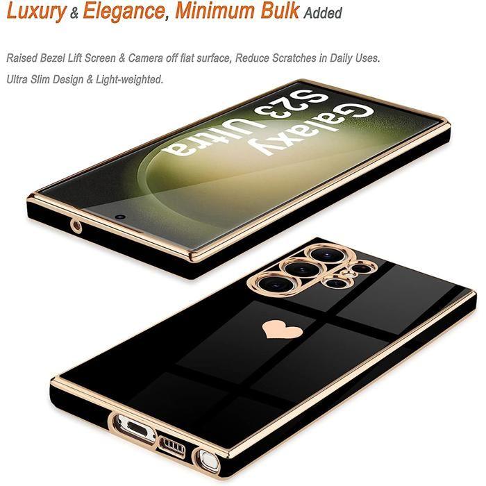 Coque de protection - BOOLING - Samsung Galaxy S23 Ultra - Silicone - Motif Coeur - Noir Doré