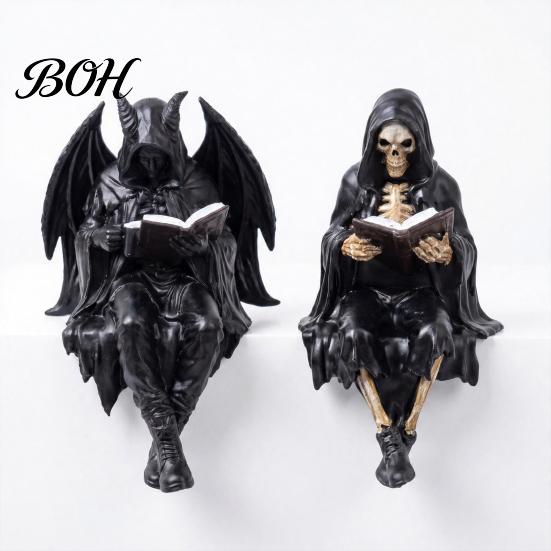 Skeleton Desktop Decor Halloween Reading Book Figurine, Spooky Devil Resin Sculpture, Gothic Winged Sculpture Black Robe Grim Reaper Statue