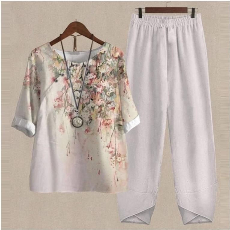 GMXIA Spring Women's Five-quarter Sleeve Printed Top and Pants Two-piece Set