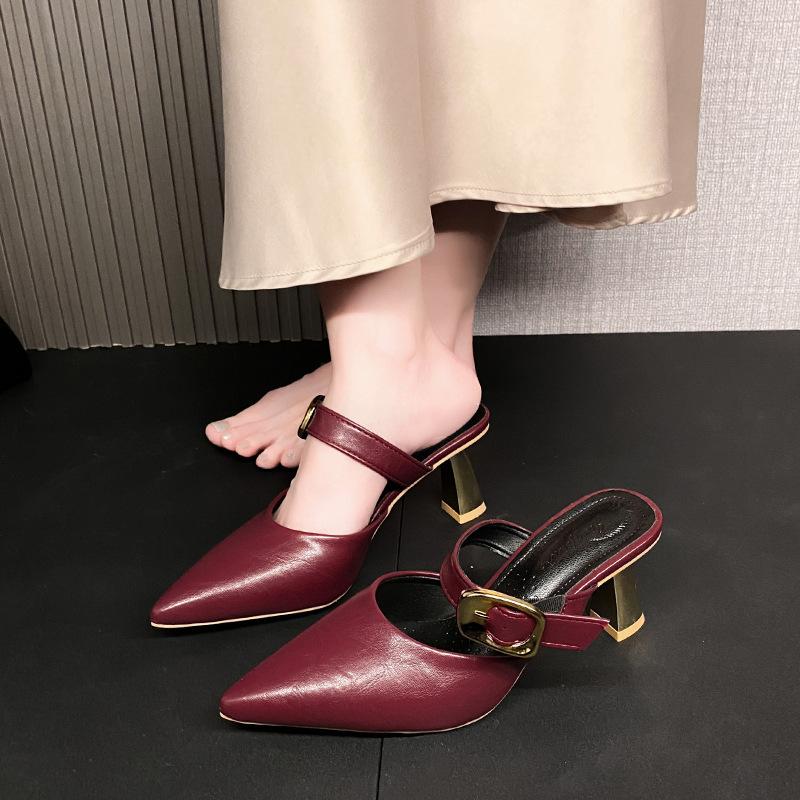 Туфли-шлепанцы на тонком каблуке, босоножки с острым носком, сексуальный высокий каблук, 2025, женственность, весна и лето, сумка-голова, новые полушлепанцы