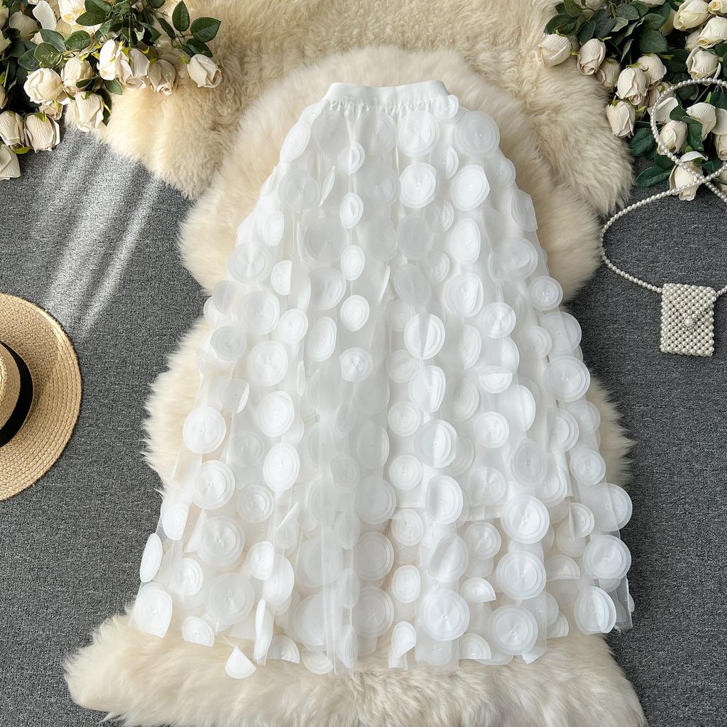 Летняя женская юбка миди с вышивкой в горошек, трехмерная, с большим клешем, из тюля