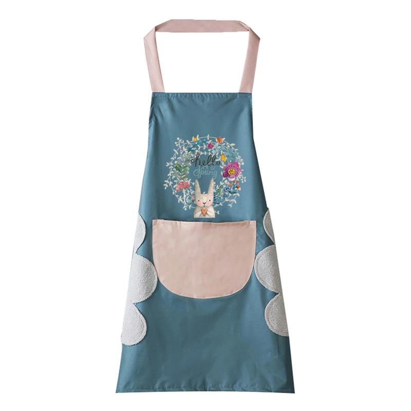 Waterproof & Stain-Resistant Coral Fleece Kitchen Apron - Wreath Rabbit Design, Halter Neck, Korean Style Cartoon.