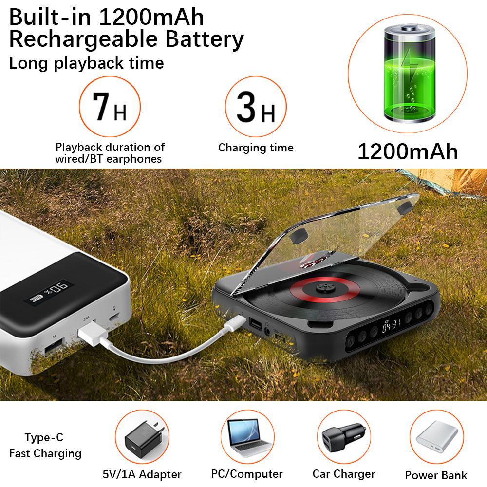 CD Player Portable BT Music Player CD Runner with Dustproof Cover 6 Modes A-B Repeat Timer Remote