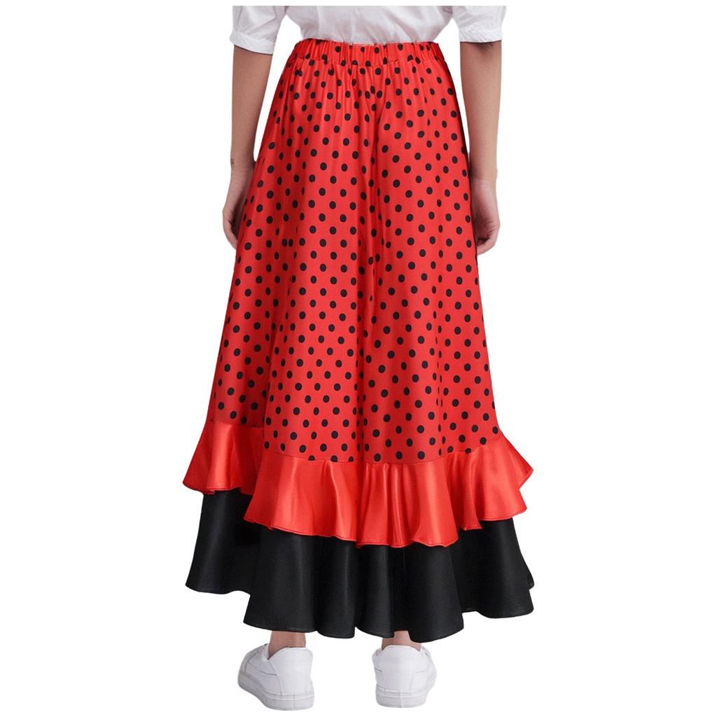 Юбка для танца фламенко для девочек, принт в горошек, многослойные оборки, эластичная талия, длинная юбка, испанский костюм для выступления