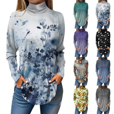 Женская модная повседневная футболка с длинным рукавом с высоким воротом и принтом, пуловер, топ