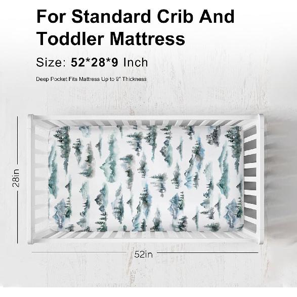 Акварельный рисунок туманного леса, приталенные простыни для детской кроватки для девочки, мальчика - 52"x28" Лесной горный туманный наматрасник для детской кроватки - Мягкий дышащий детский