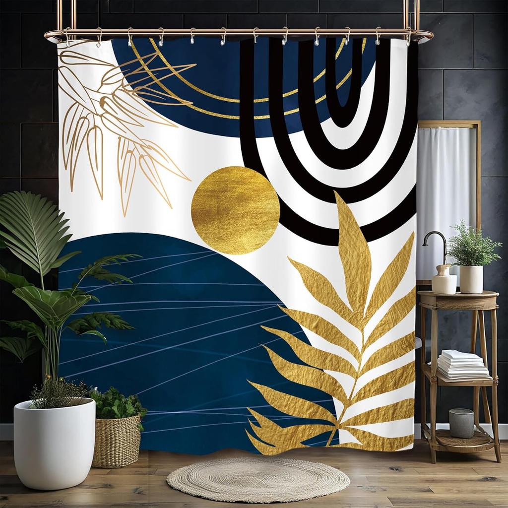 Abstract Leaves Shower Curtain Set Emerald Green Modern Tropical Mid Century Simple Minimalist Chic Polyester Waterproof Cloth