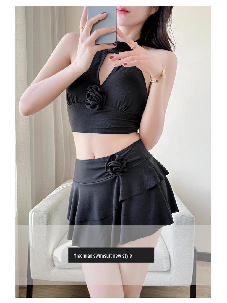 Solid Color Skirted Swimsuit: Split Design, Tummy-Covering, Fairy Style, Slimming, Conservative, Fresh Look for Women